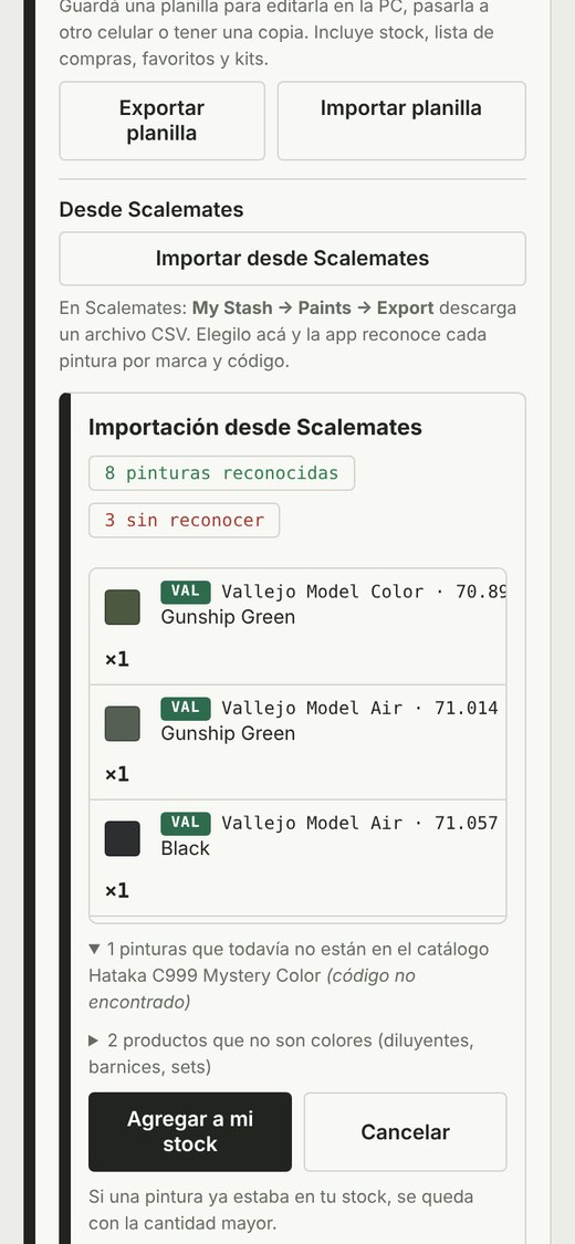 Resultado de importar un archivo de ejemplo de Scalemates: 8 pinturas reconocidas, 3 sin reconocer y el botón Agregar a mi stock